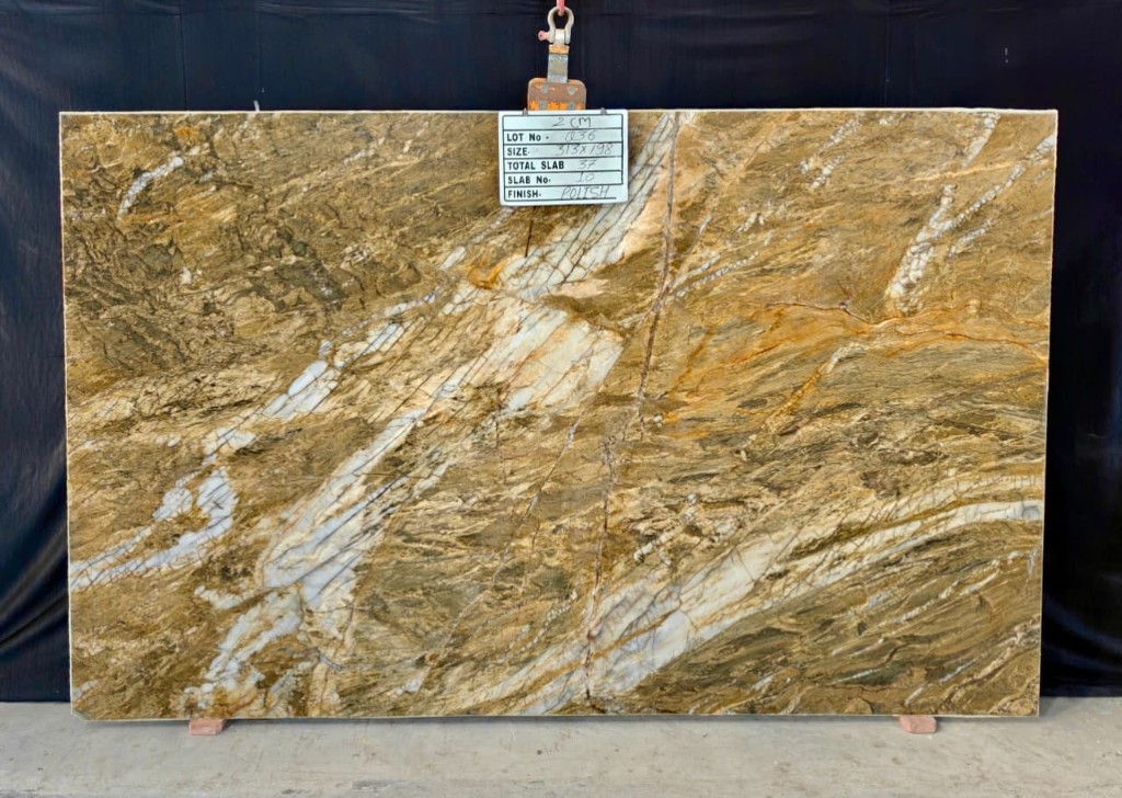 Fusion Quartzite – polish finish, golden-brown and olive green veining