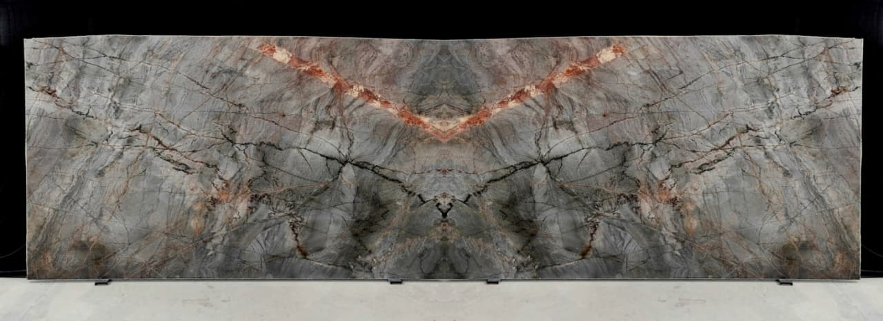 Tempest Blue Quartzite – grey with reddish-brown and charcoal veining, book-matched